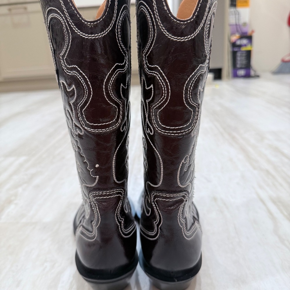Ganni Dark Olive Egret Embroidered Western Boots Heart Stitching Size 40 - Picture 3 of 13